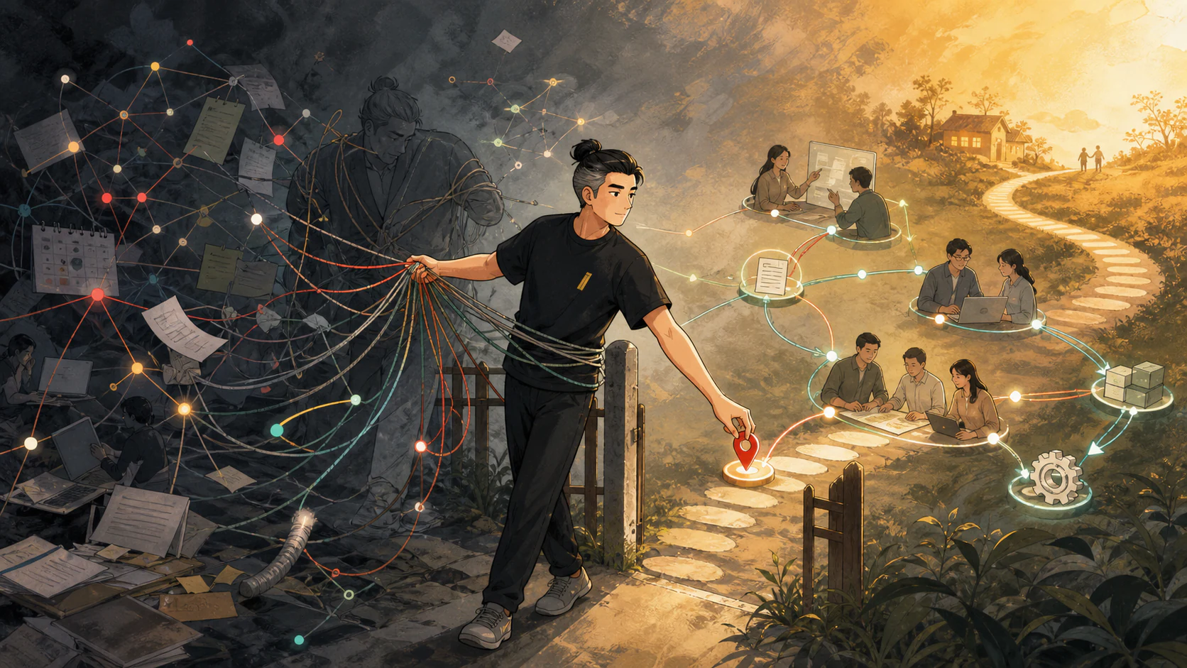 漫画形象的小敢站在复杂线索与清晰路径之间,将混乱整理成可执行的方向